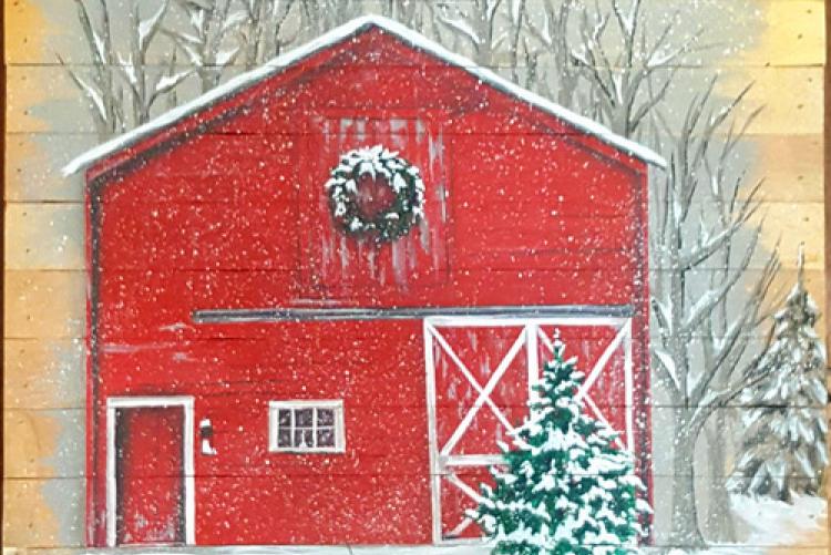 Winter Barn, approximately 10 x 10, acrylic painting, 7 hour class, fee is $75. — at Joyful Arts Studio.